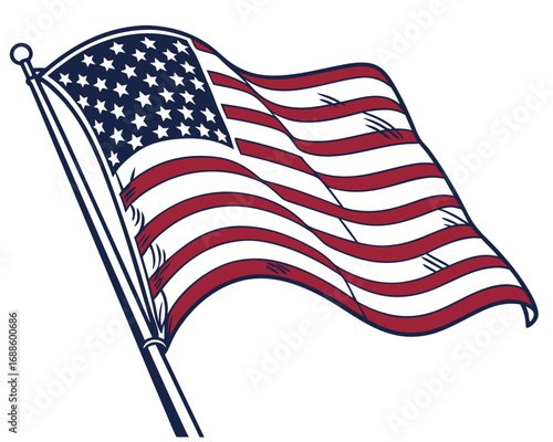 Waving American Flag with Blue Field and Red White Stripes on White Background Keywords: American flag, USA flag, stars and stripes, waving flag, patriotic, symbol, freedom, democracy