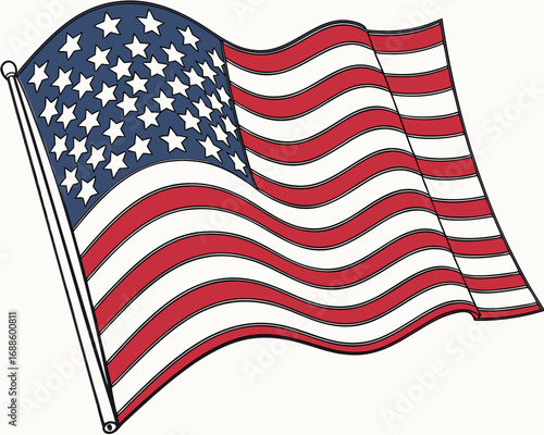 Stylized American Flag Waving on a Pole with a White Background usa flag united states flag