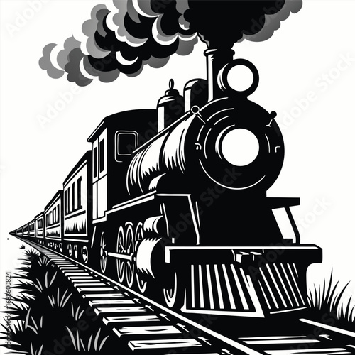 Black and white steam train on tracks with smoke steam engine
