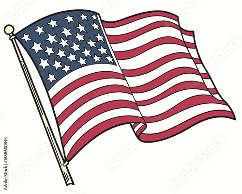 Cartoon American Flag Waving on a Pole with a White Background usa flag united states flag