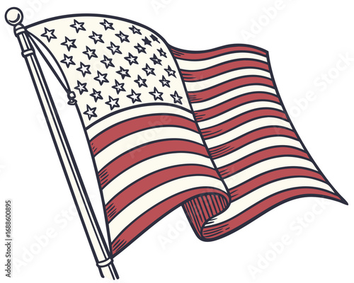 Vintage Style American Flag Waving on a Pole with Stars and Stripes on White usa flag united states flag