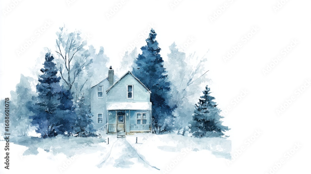 Naklejka premium A serene winter scene depicts a small blue house blanketed in snow, nestled among tall evergreen trees under a cloudy sky. The tranquil atmosphere invites peace and reflection.