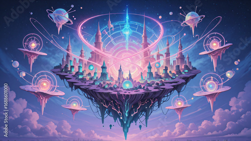 Fantasy city blending technology and nature