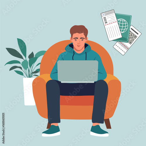 Man sitting in armchair with laptop and travel documents, home office travel concept background
