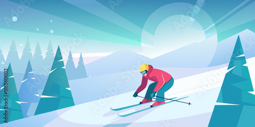 Stylized illustration of a skier descending a snowy mountain slope surrounded by pine trees and mountains under a bright sky