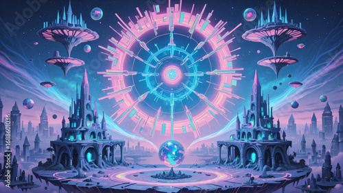 Fantasy city blending technology and nature