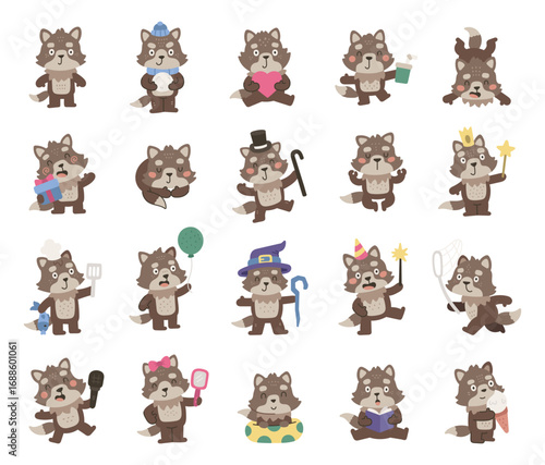 Wolf character set in scandinavian style with adorable poses and emotions including birthday, valentine, tricks, cooking, sleeping, reading, singing, sport, and holiday celebrations