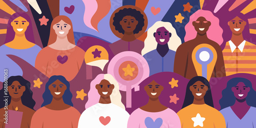 Diverse group of women with different skin tones and hair colors celebrating together with stars and hearts
