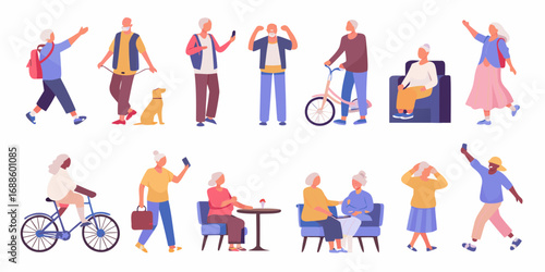 Diverse group of active elderly people enjoying various activities and hobbies in a flat design style