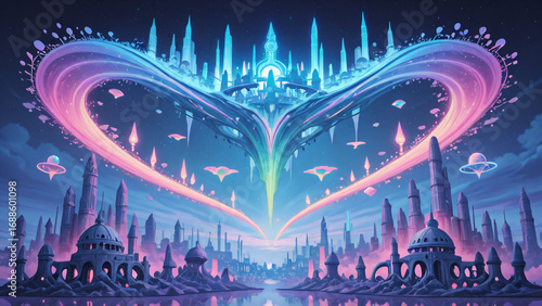 Fantasy city blending technology and nature