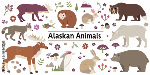 Collection of alaskan wildlife animals and nature elements illustrated in a flat design style