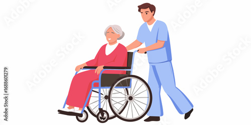 Caring male nurse pushing smiling elderly woman in a wheelchair with a white background