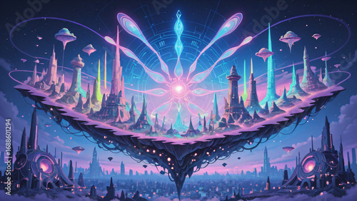 Fantasy city blending technology and nature