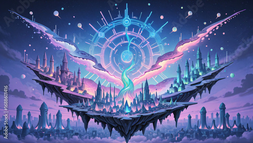 Fantasy city blending technology and nature