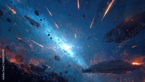 Cosmic clash; debris, ships, and fire in space