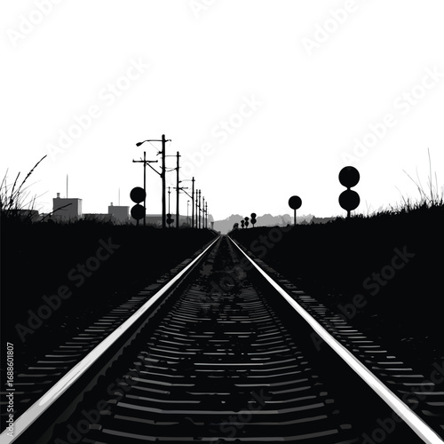Black and white train tracks leading to distant industrial buildings