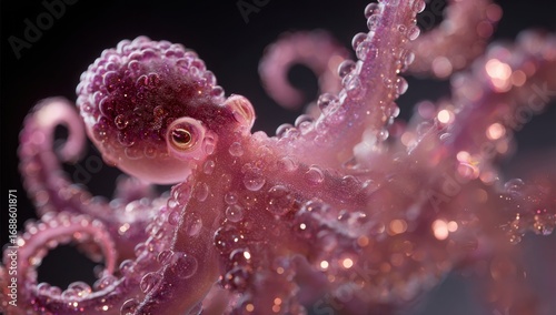 Pink, translucent octopus, covered in iridescent bubbles