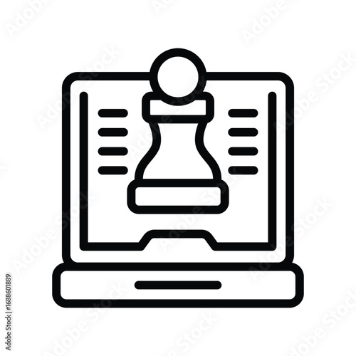A laptop displays a chess pawn flanked by four horizontal lines on each side illustrating computerbased chess. Editable stroke. Vector icon illustration