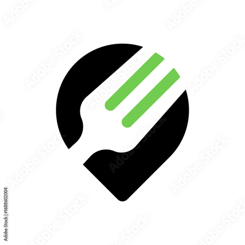 Creative fork and heart logo in black and green, modern vector design for restaurant, food service, healthy eating and culinary business branding.