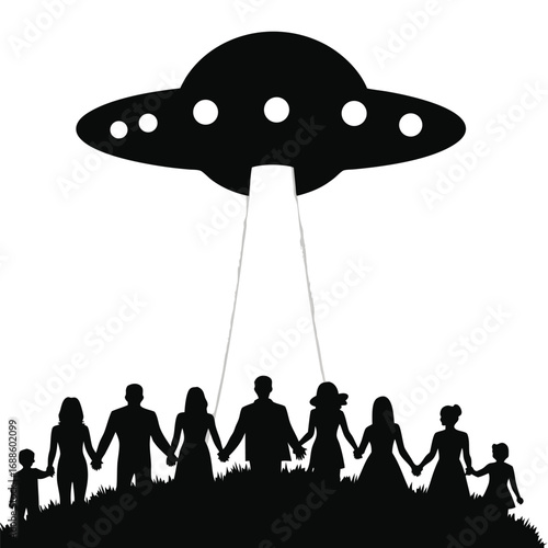 Black silhouette family holding hands under flying saucer