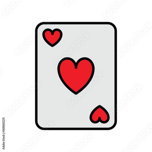 A playing card with three hearts on a light grey rectangle. Editable stroke. Vector icon illustration