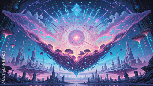 Fantasy city blending technology and nature