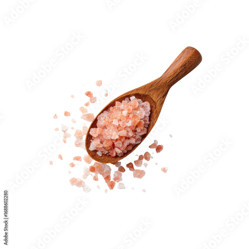 Himalayan Pink Salt in Wooden Spoon, Close-up Studio Shot