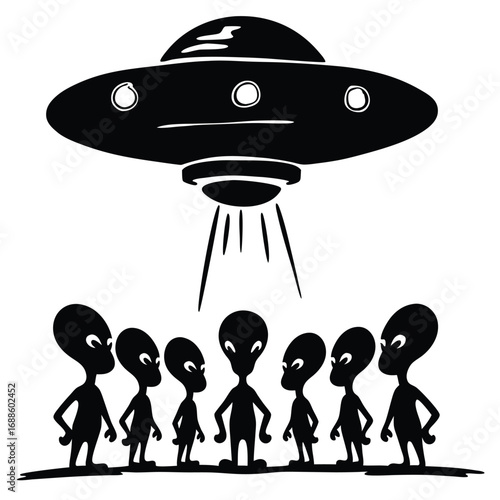 Black silhouette flying saucer beams light onto group of aliens