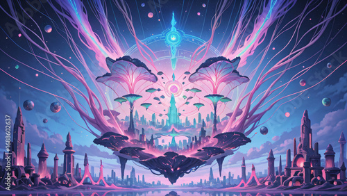 Fantasy city blending technology and nature