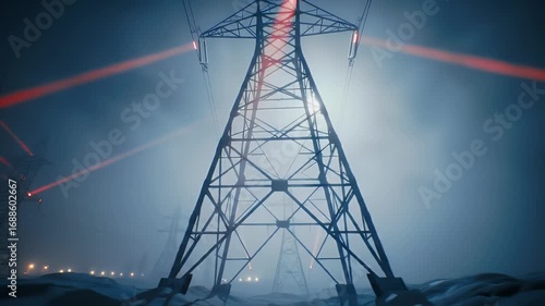 High Voltage Power Pylons in Foggy Night Landscape