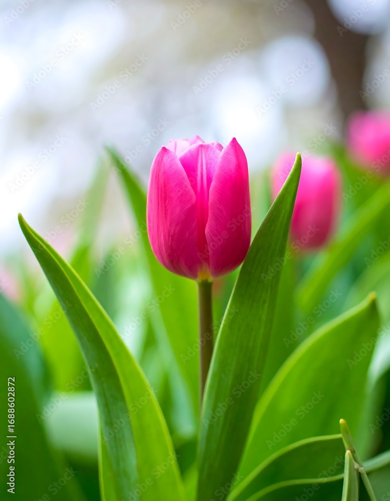 Fototapeta premium Pink tulip blooming in a vibrant garden setting