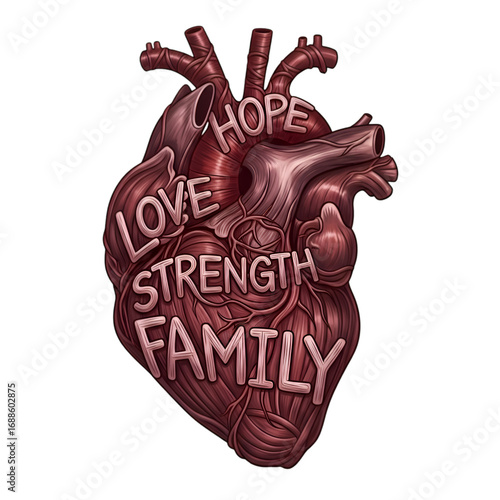An anatomical illustration of a human heart with the words 