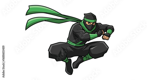 Dynamic Cartoon Ninja in Black and Green Suit Crouching.