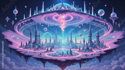 Fantasy city blending technology and nature