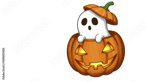 Cute Ghost Popping Out of Pumpkin, Halloween Silhouette Vector on Transparent Background