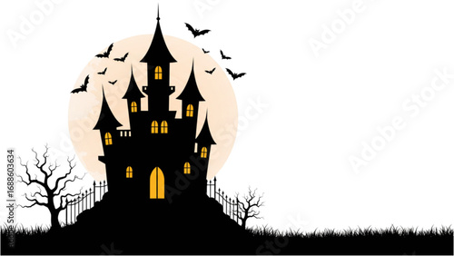 Vampire Castle with Bats and Eerie Night Sky, Halloween Silhouette Vector on Transparent Background