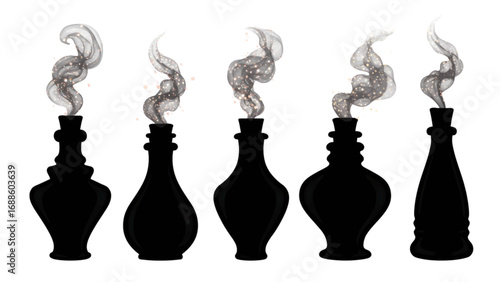Witch’s Potion Bottles with Sparkling Smoke, Halloween Silhouette Vector on Transparent Background