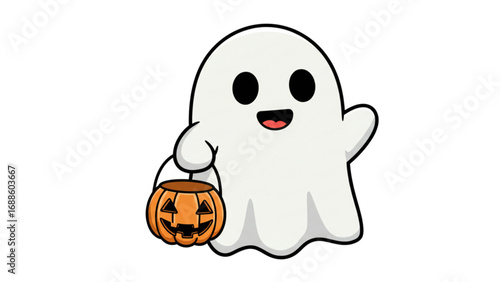 Cute Cartoon Ghost Holding Pumpkin Candy Bucket, Halloween Silhouette Vector on Transparent Background