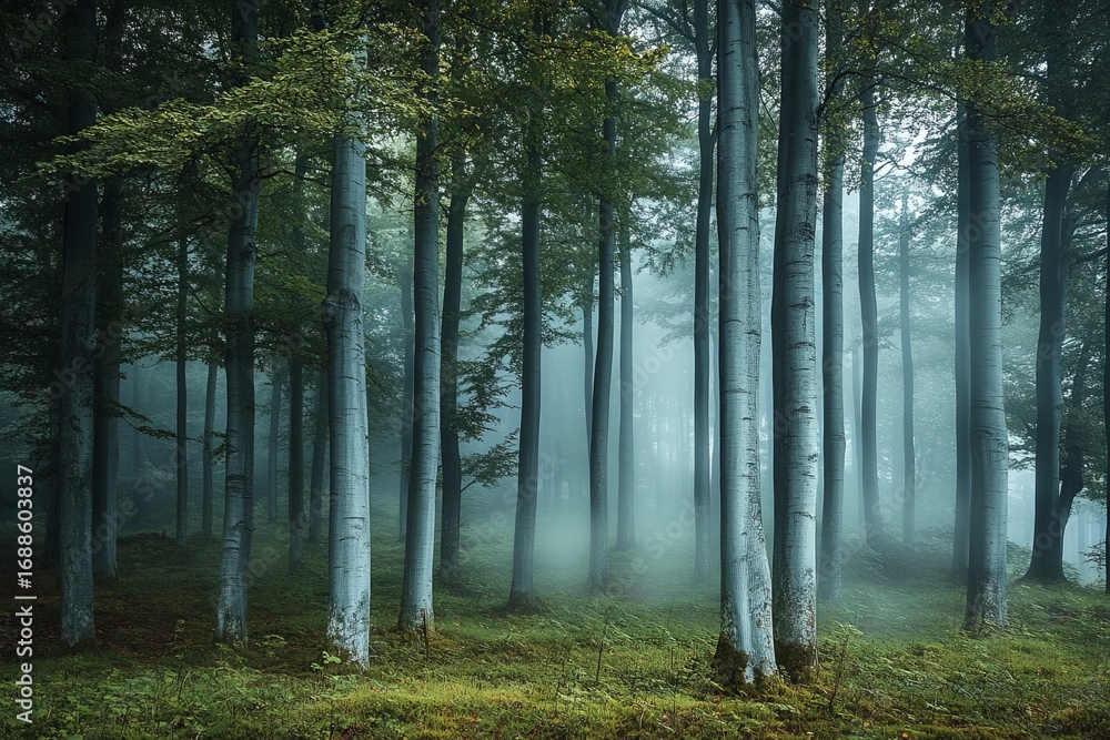 Naklejka premium Misty forest with tall trees and green undergrowth