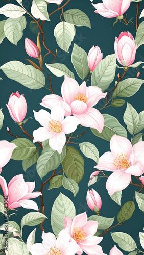 Delicate magnolia blossoms on a deep teal background