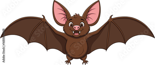 Cute cartoon bat flying with wings spread wide, happy nocturnal animal, smiling wildlife character, adorable Halloween vector design.