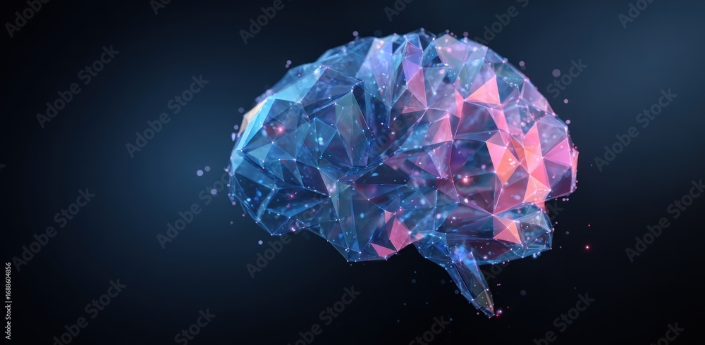 Fototapeta premium Low poly anatomical human brain in blue and pink on a dark gradient background, with sparkling dots connecting the triangular shapes