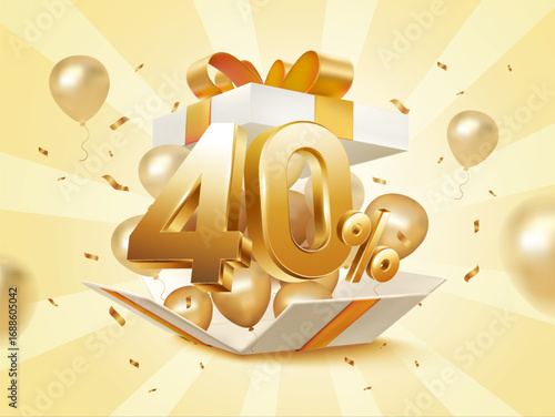 3d 40 percent off with exploded gift box, flying balloons and confetti effect, isolated on background. 40% Discount gift banner template in 3d vector. Vector illustration