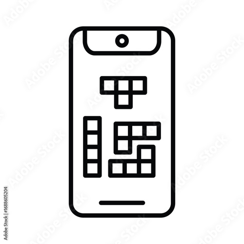 A stylized depiction of a smartphone displaying puzzle pieces rendered in a clear outlined design. Editable stroke. Vector icon illustration