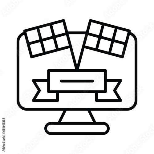 A stylized computer monitor with checkered flags and a banner all in black outline. Editable stroke. Vector icon illustration