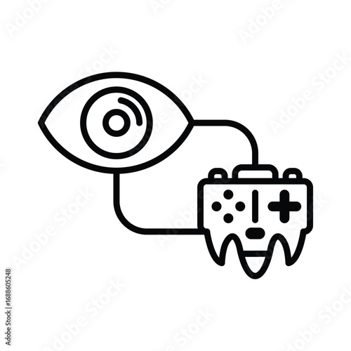 A stylized eye is connected by lines to a gamepadlike form. Editable stroke. Vector icon illustration