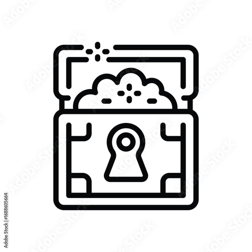 A treasure chest open and overflowing with a prominent keyhole on its front. Editable stroke. Vector icon illustration