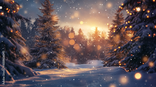 Snowy winter landscape with pine trees and Christmas lights, magical atmosphere.