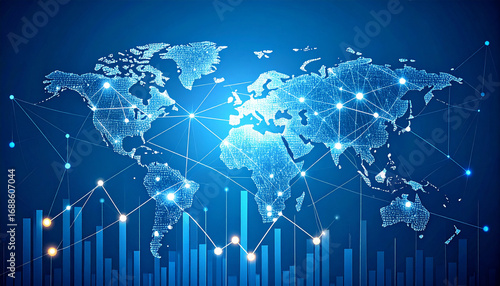 G20 summit economic policy concept with digital world map and glowing network lines showing global connection and financial growth