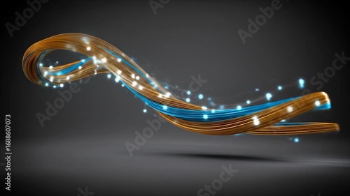 Abstract design featuring a dynamic, glowing ribbon of gold and blue light against a dark gray backdrop.